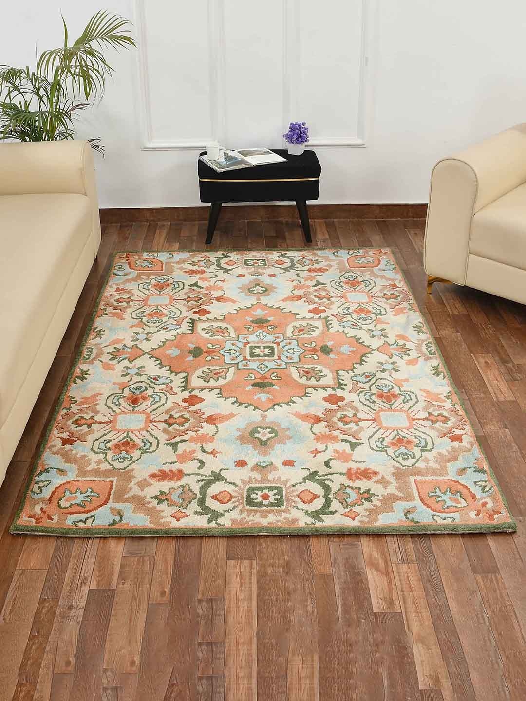 

PRESTO Peach-Coloured & Green Ethnic Motifs Printed Traditional No Shredding Carpet