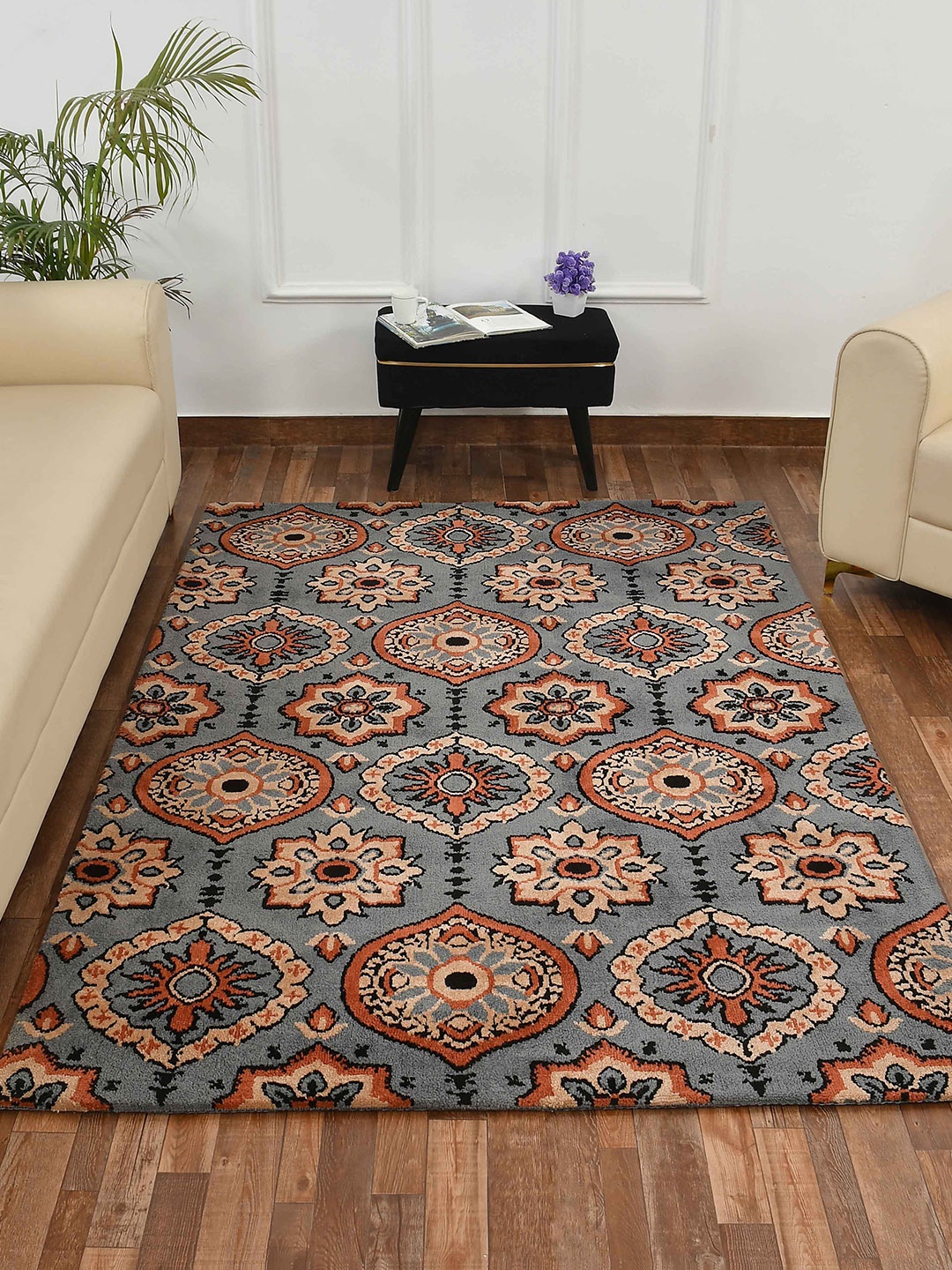 

PRESTO Grey & Orange Traditional Printed No Shredding Carpet