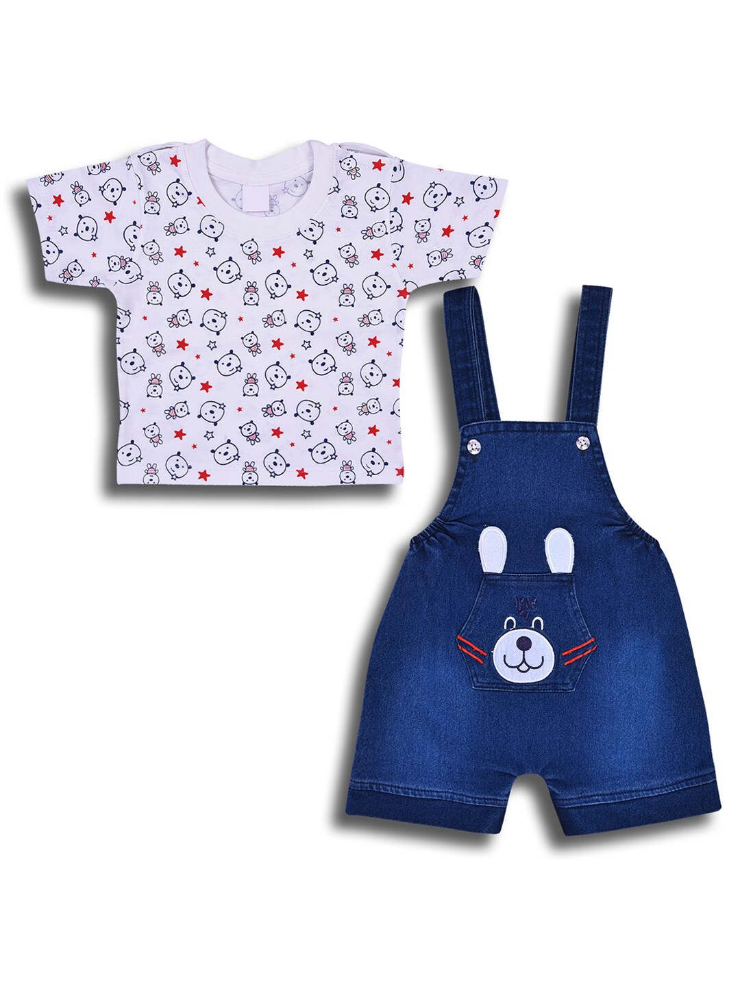 

Wish Karo Boys Printed T-shirt with Denim Dungaree, White