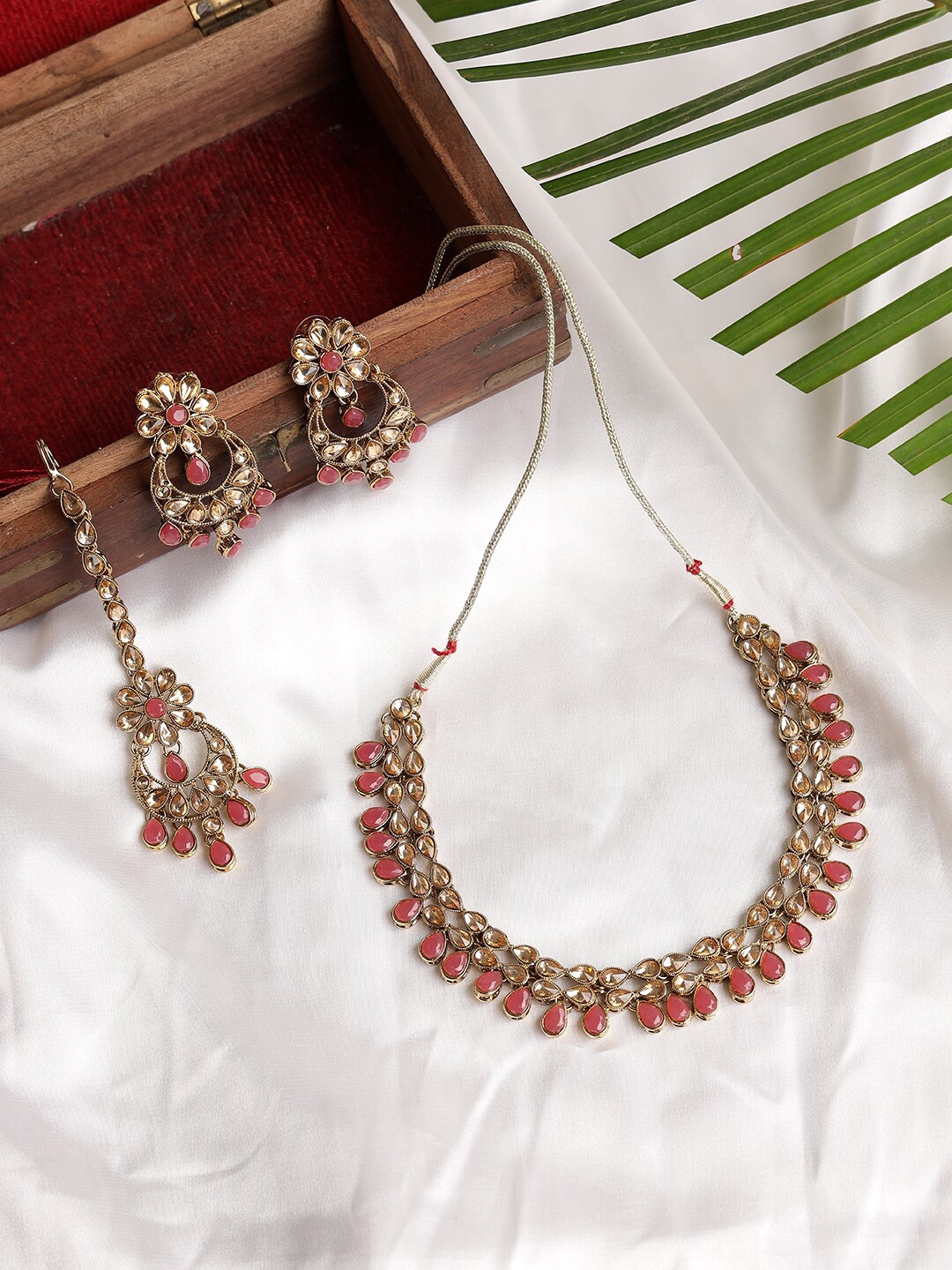 

Jazz and Sizzle Gold-Plated Kundan-Studded & Pearl Beaded Jewellery Set, Maroon