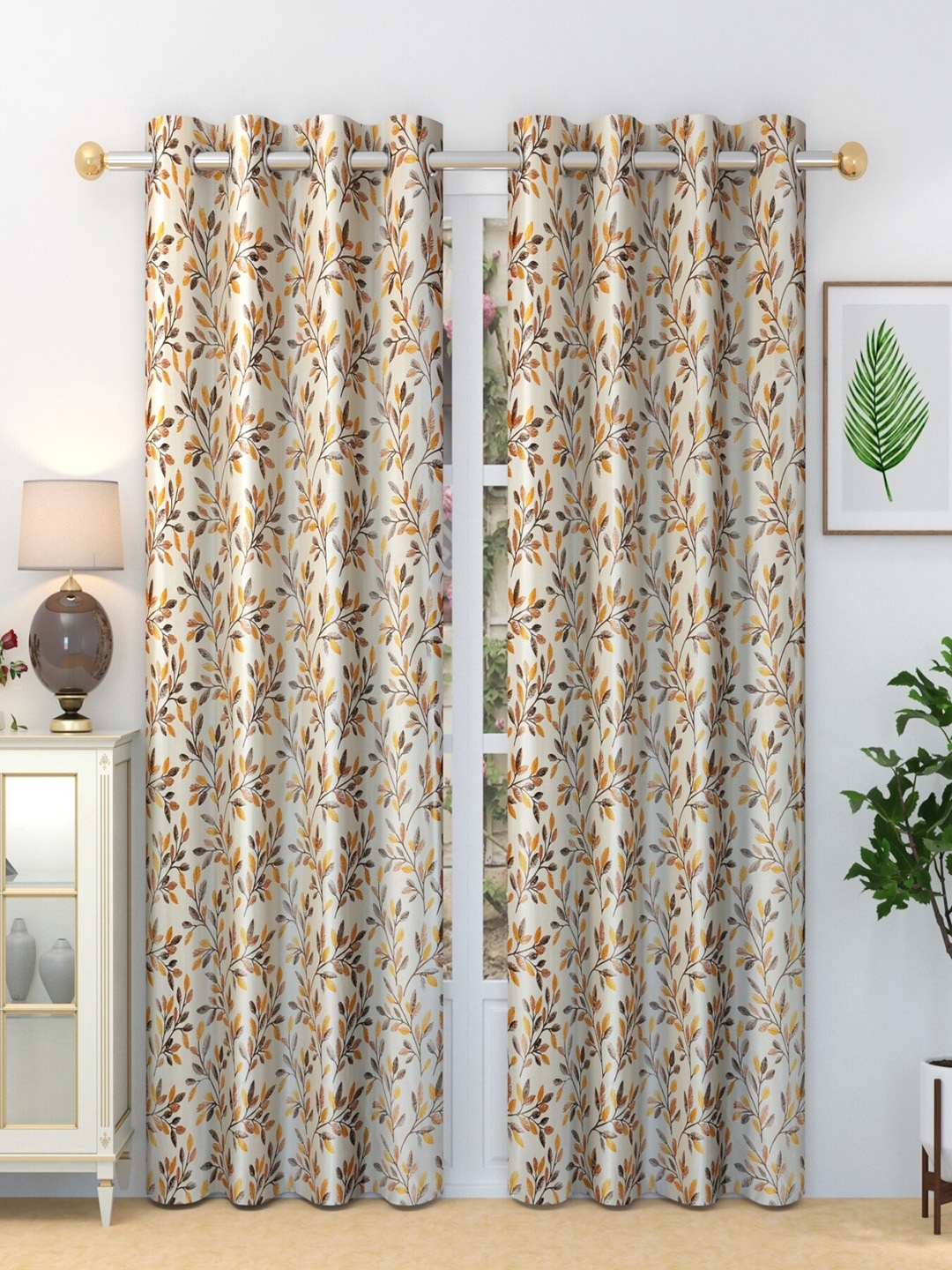 

Homefab India Fern Cream-Coloured & Brown 2 Pieces Floral Door Curtains