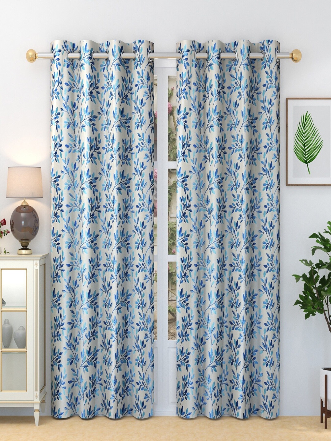 

Homefab India Fern White & Blue 2 Pieces Floral Door Curtains