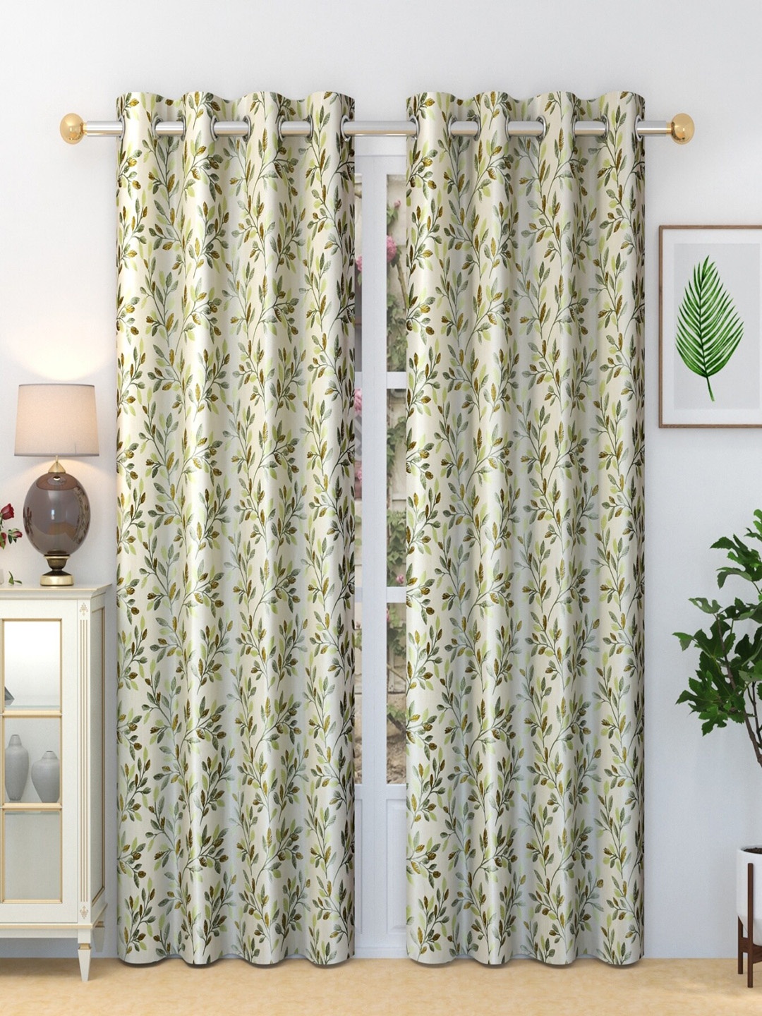 

Homefab India Fern Cream & Brown 2 Pieces Floral Long Door Curtains