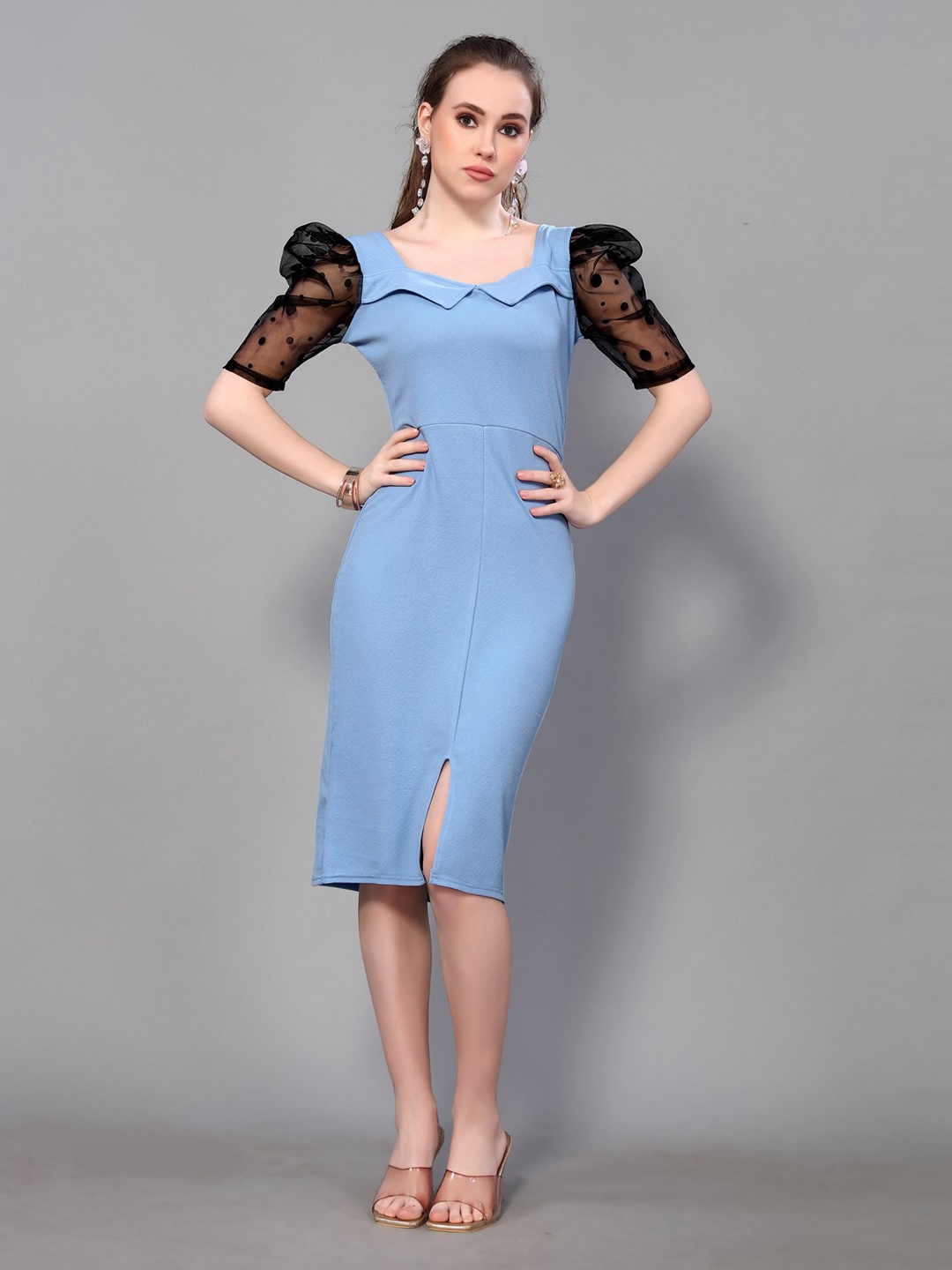 

KALINI Mesh Puff Sleeve Slit Hem Bodycon Midi Dress, Blue