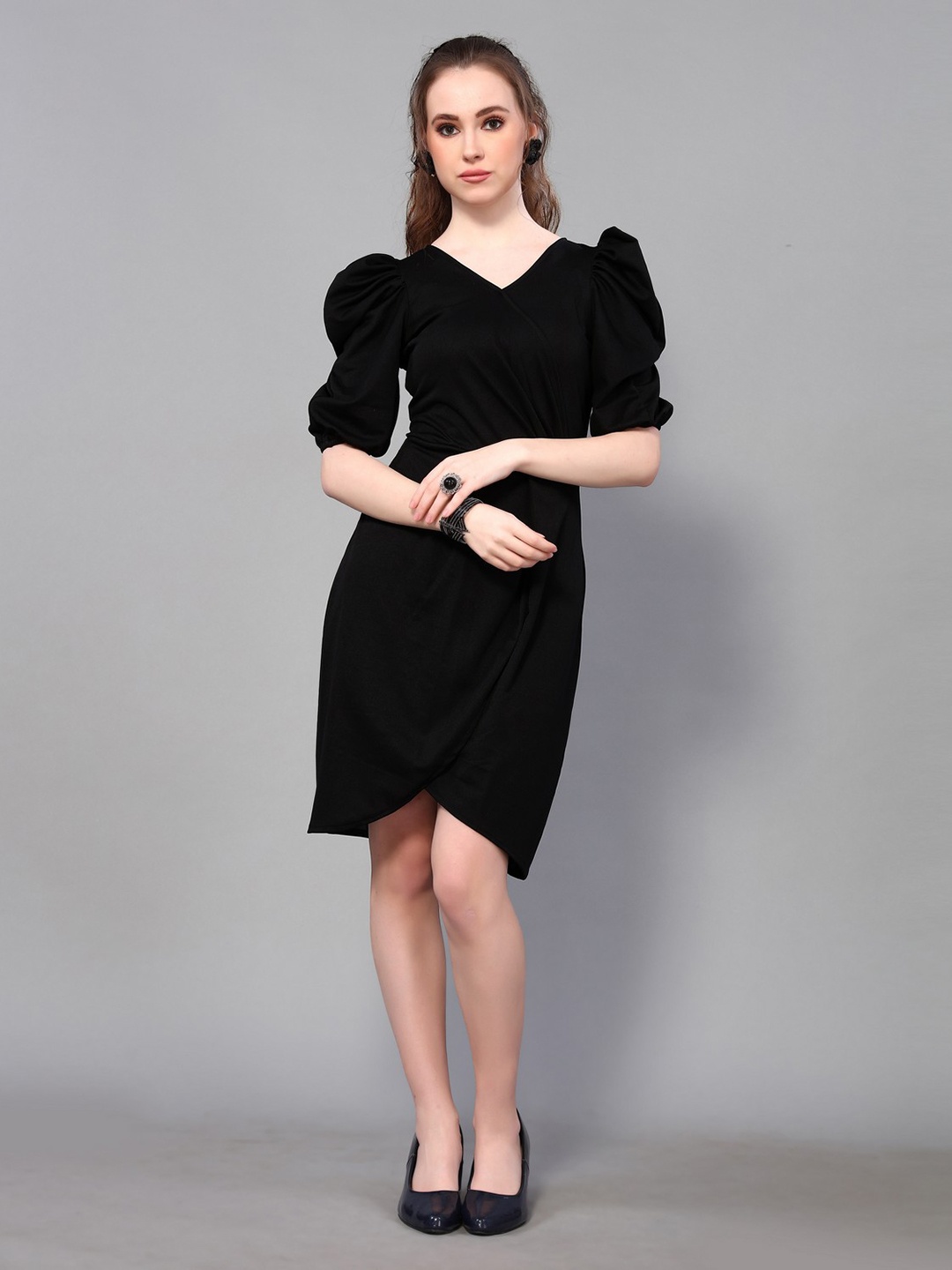 

KALINI Puff Sleeve Tulip Hem Sheath Mini Dress, Black