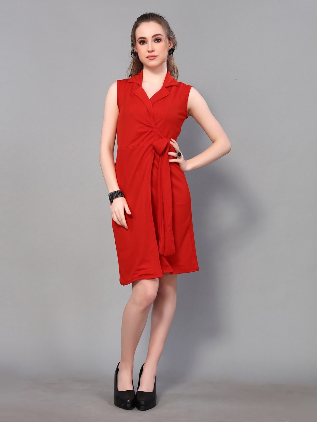 

KALINI Lapel Collar Sleeveless Wrap Mini Dress, Red