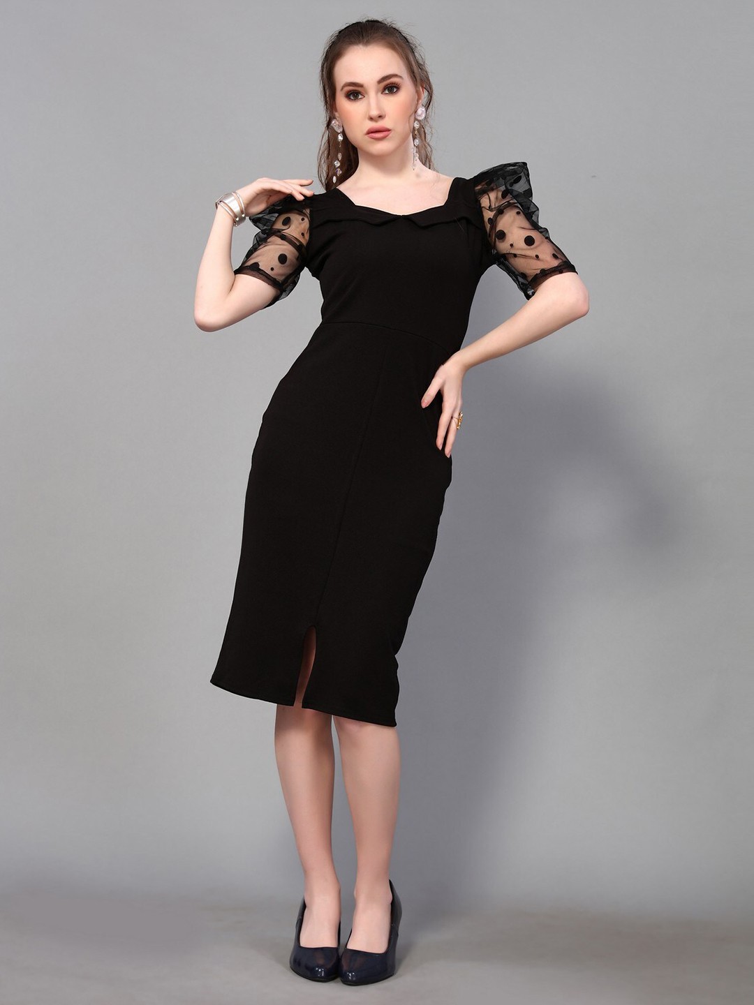 

KALINI Mesh Puff Sleeve Slit Hem Bodycon Midi Dress, Black