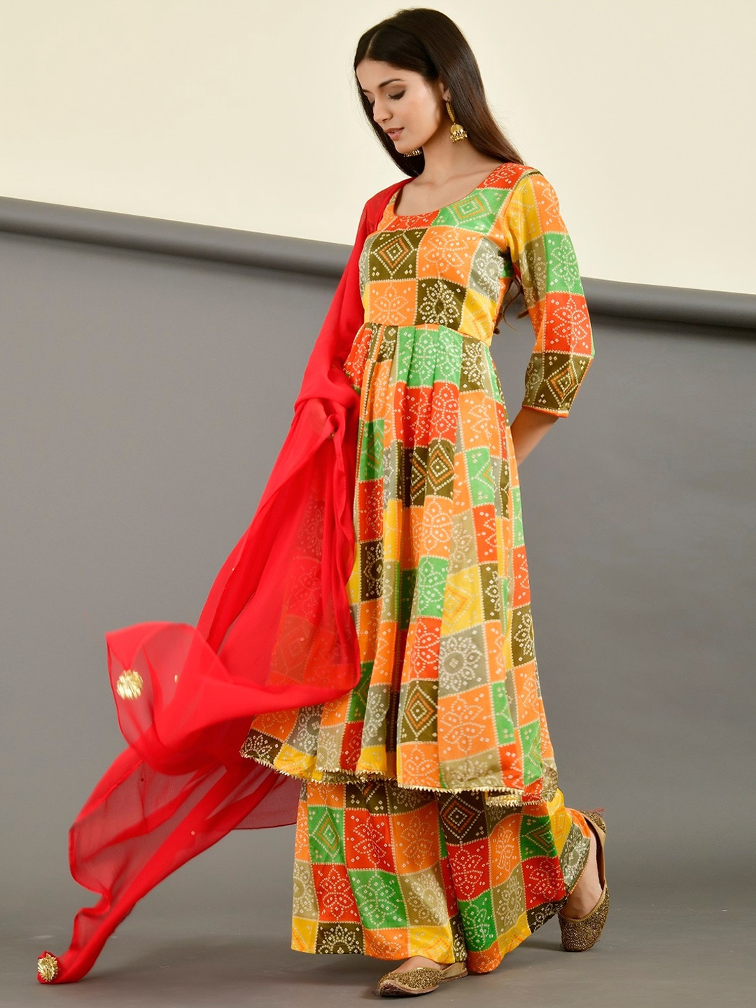 

Rangpur Bandhani Printed Pure Silk Anarkali Kurta with Palazzos & Dupatta, Orange