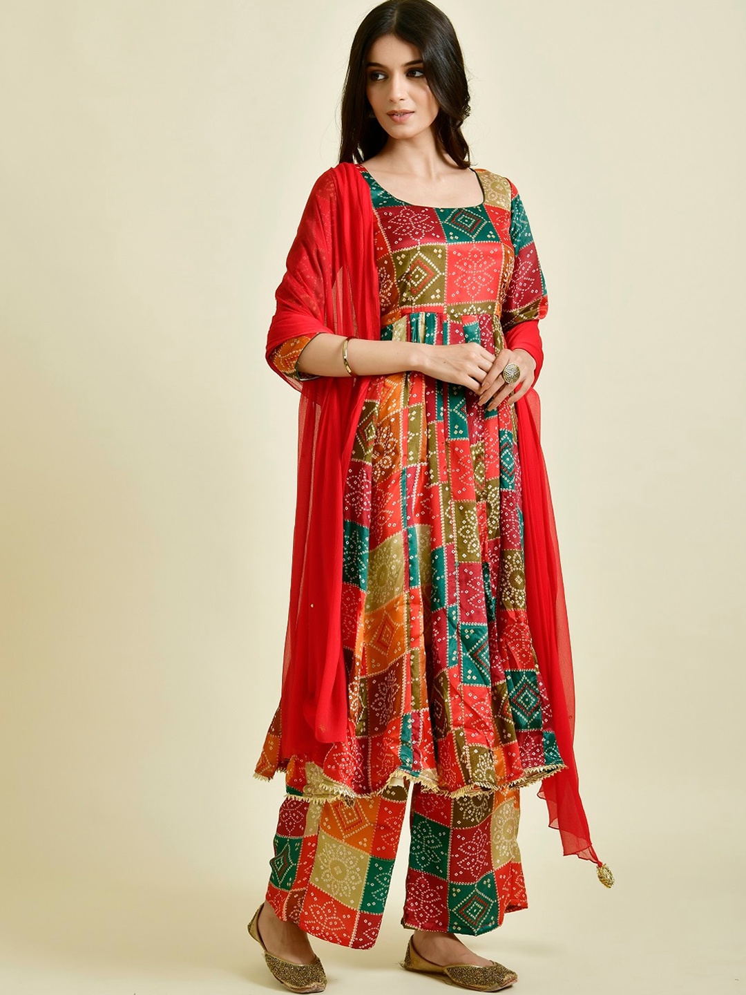 

Rangpur Bandhani Printed Pure Cotton Anarkali Kurta with Palazzos & Dupatta, Red