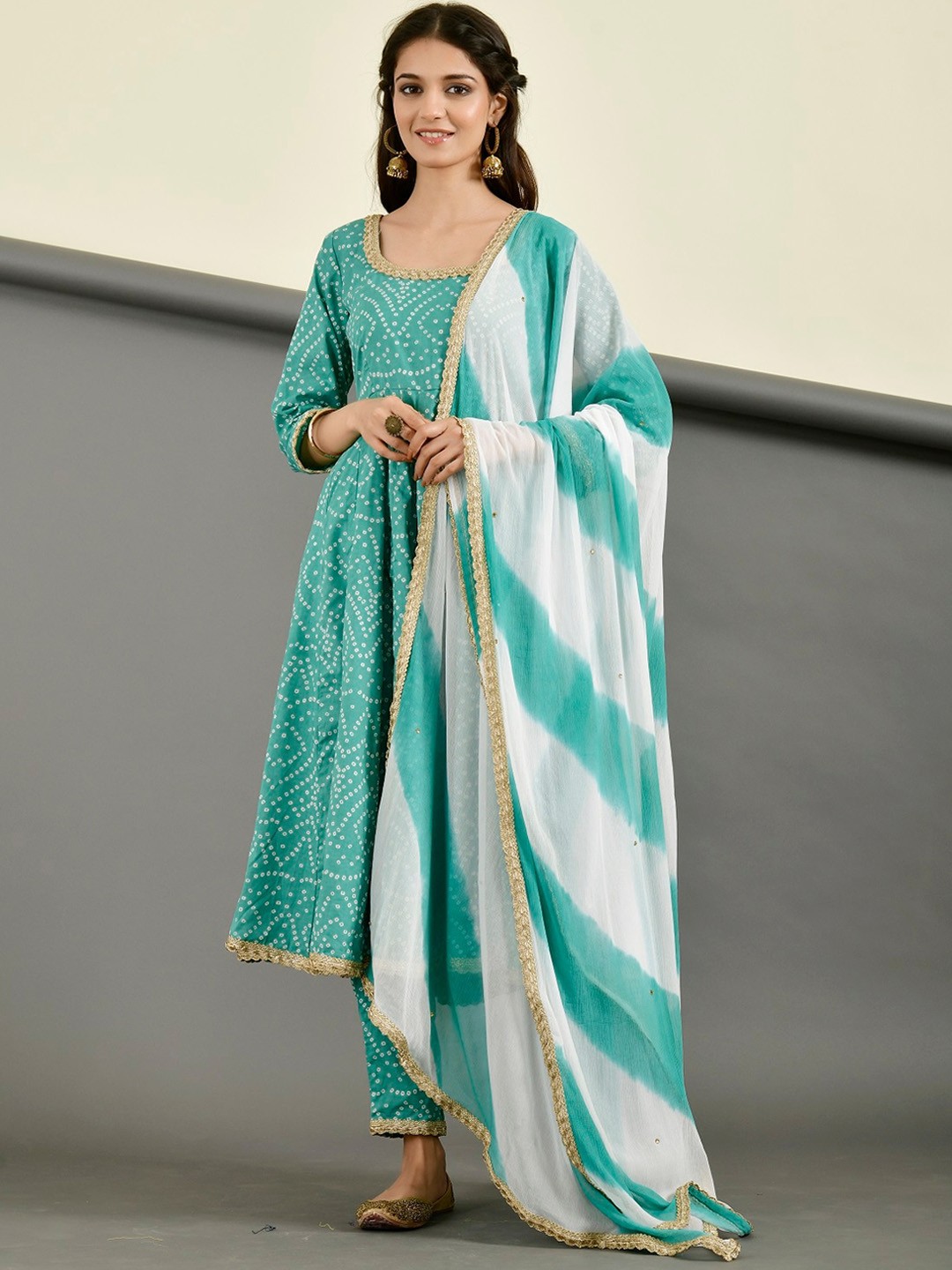 

Rangpur Bandhani Printed Pure Cotton Anarkali Kurta with Trousers & With Dupatta, Green