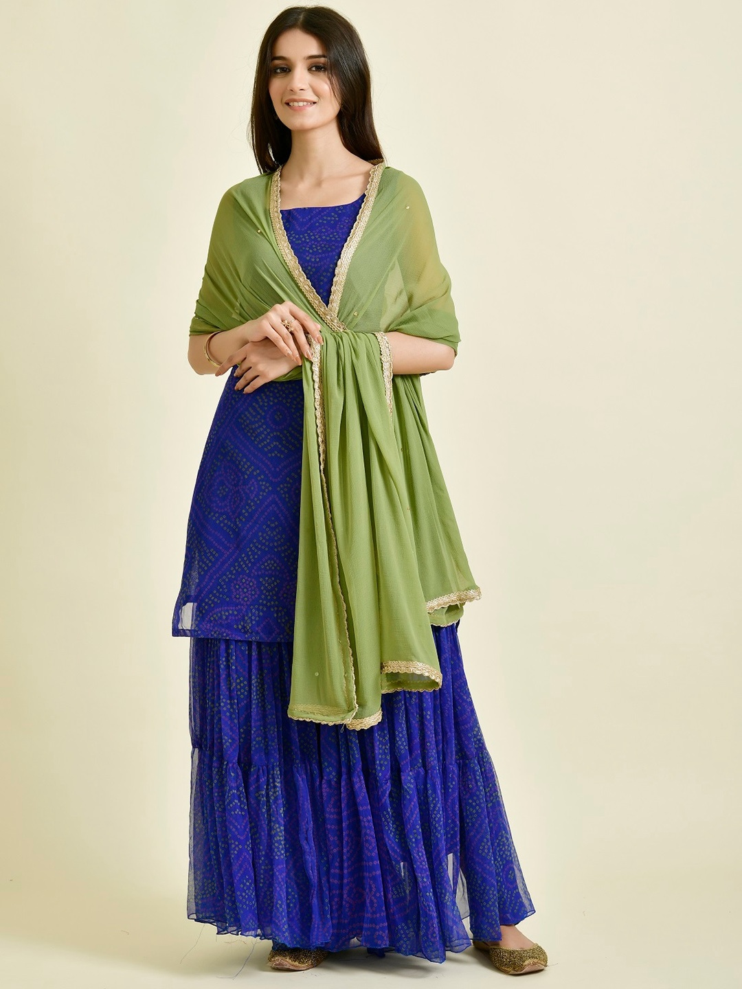 

Rangpur Bandhani Printed Kurta with Sharara & Dupatta, Blue