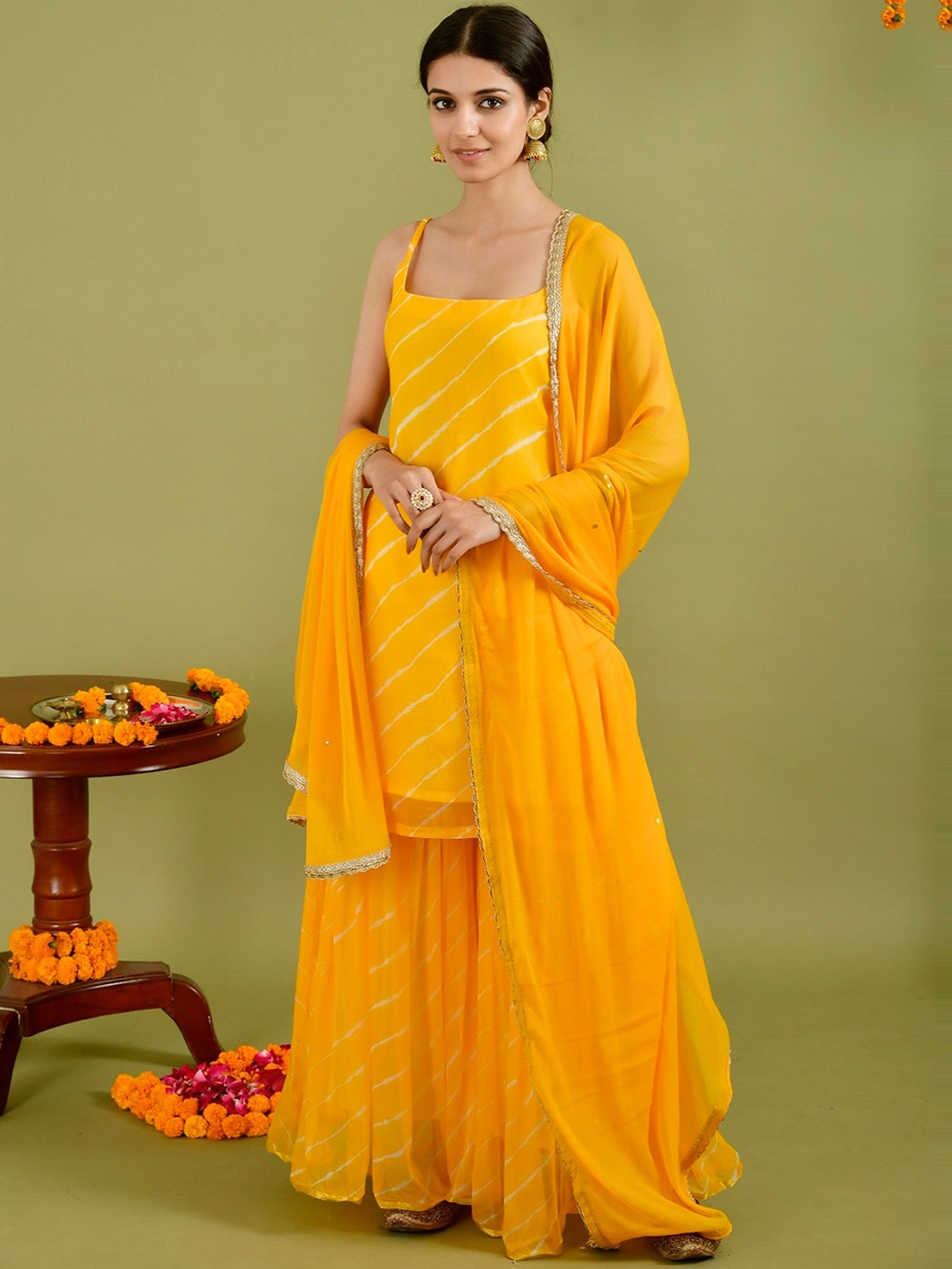 

Rangpur Leheriya Printed Sleeveless Kurta with Sharara & Dupatta, Yellow