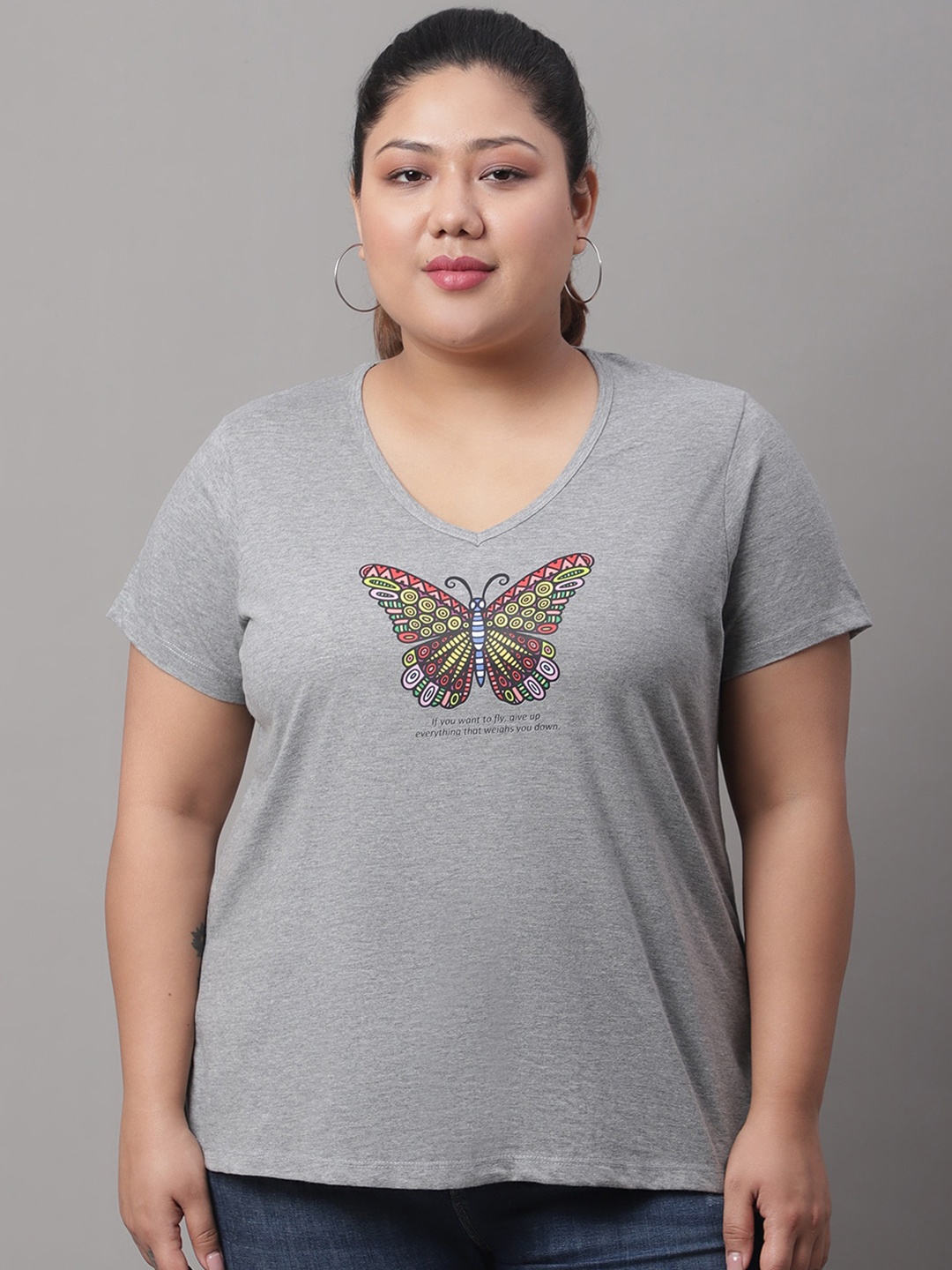 

Rute Women Grey Typography Printed V-Neck T-shirt