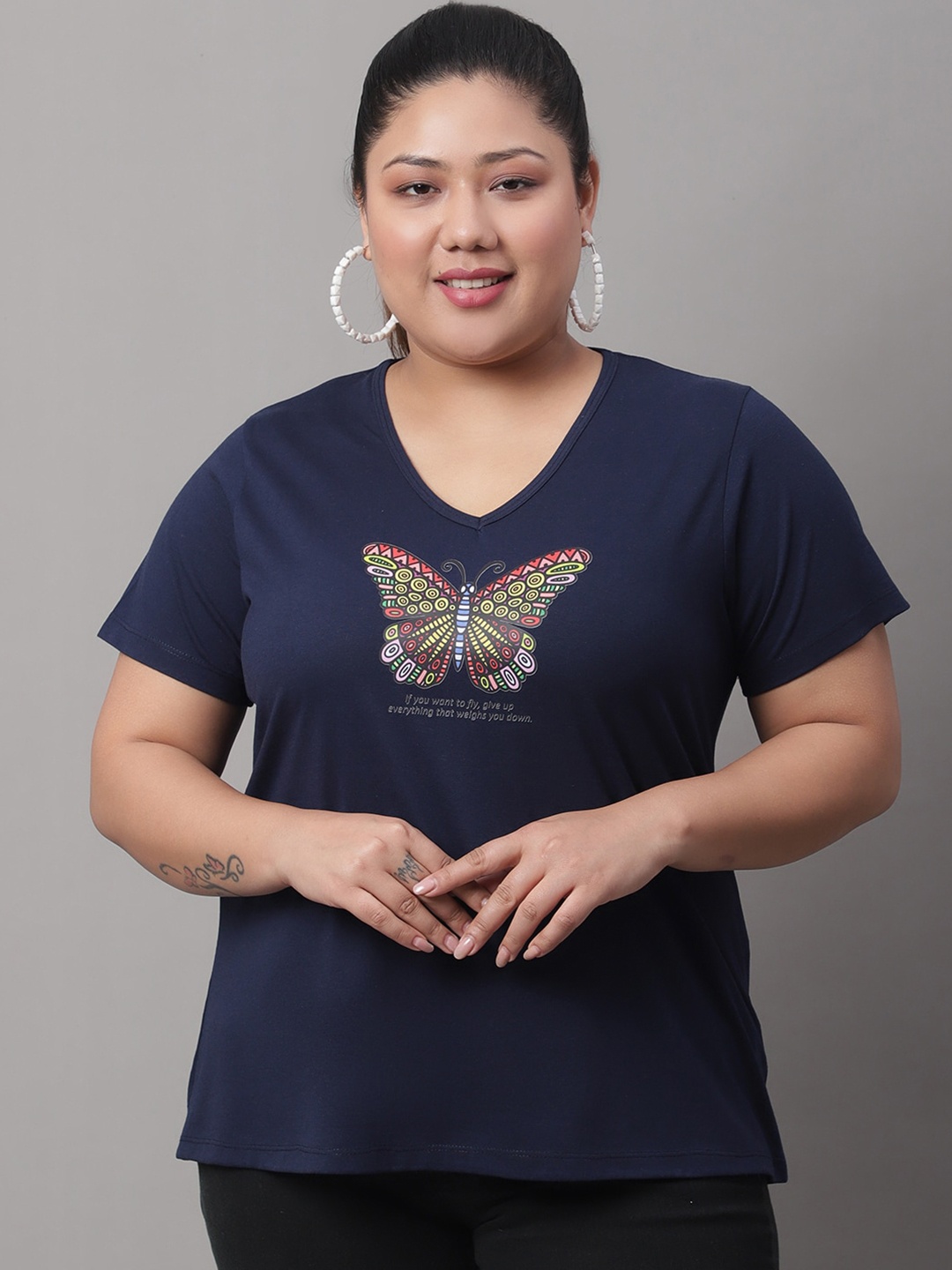 

Rute Plus Size Graphic Printed Cotton T-shirt, Navy blue