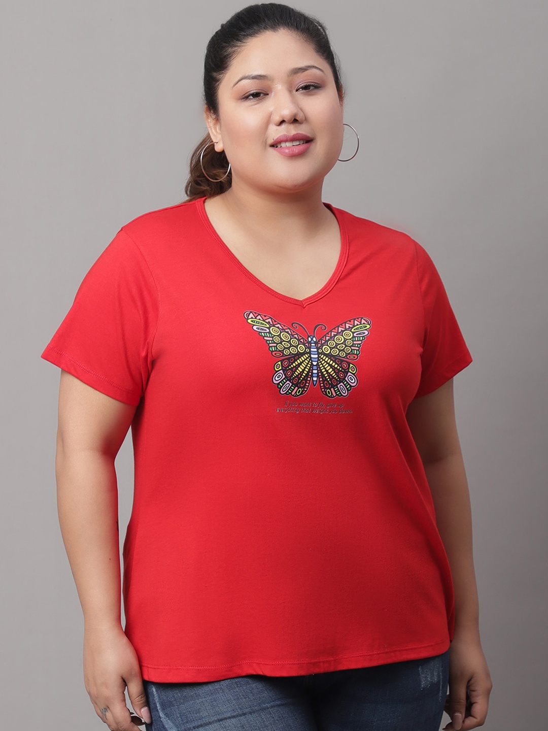 

Rute Plus Size Graphic Printed V-Neck Cotton T-shirt, Red