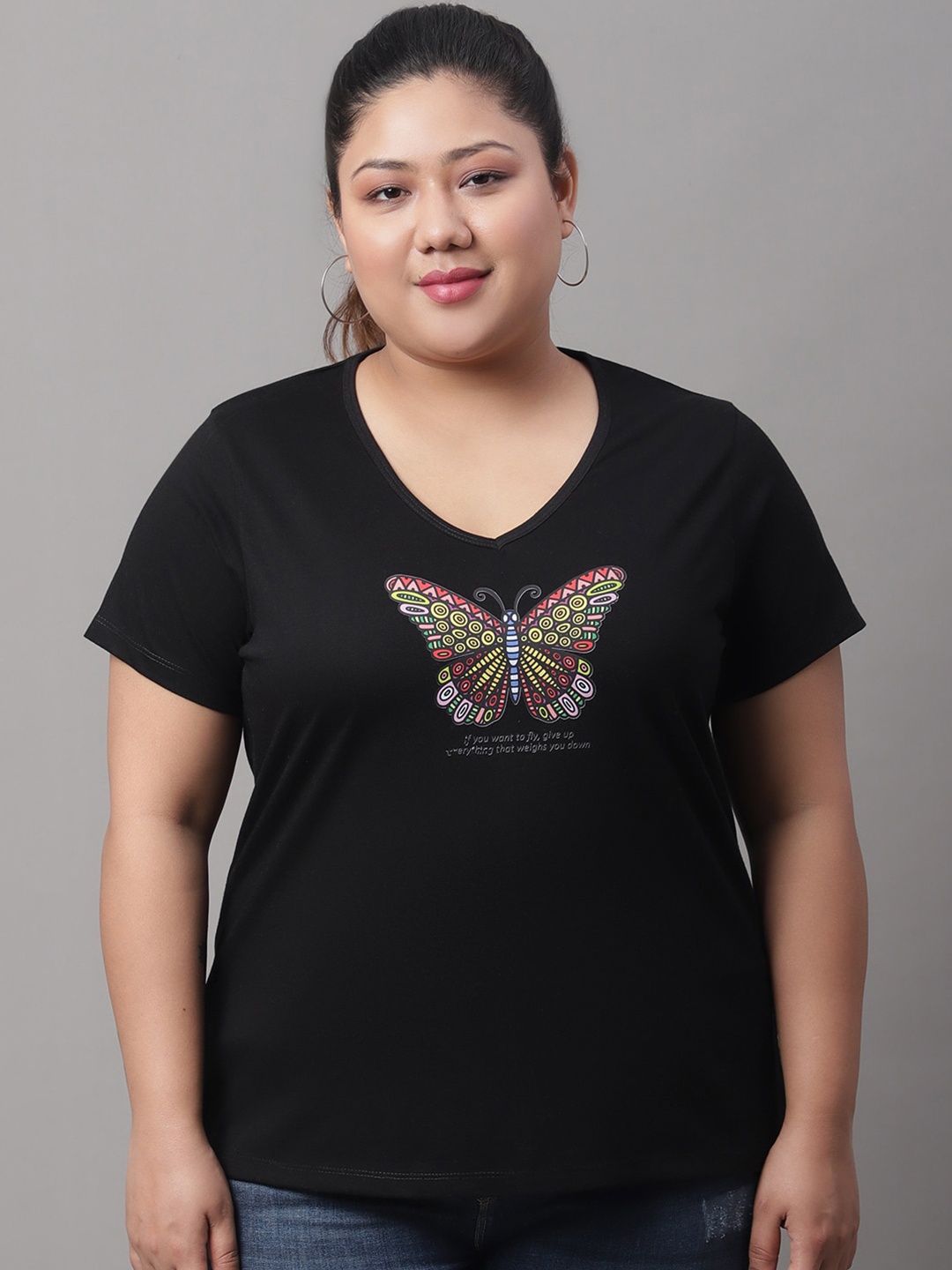 

Rute Plus Size Graphic Printed V-Neck Cotton T-shirt, Black