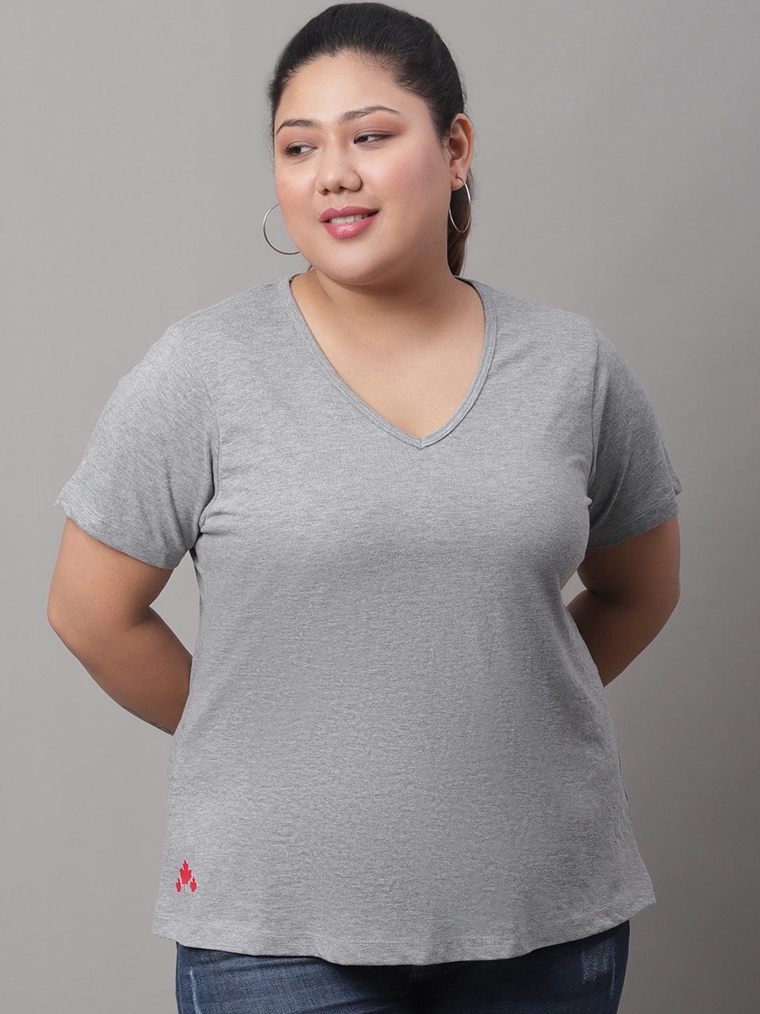 

Rute Plus Size V-Neck Cotton T-shirt, Grey