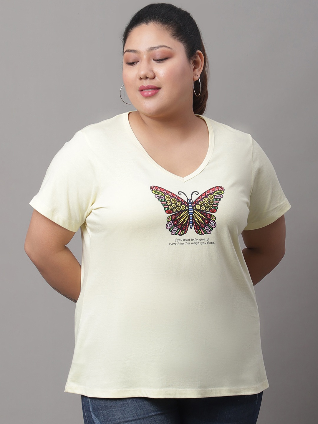 

Rute Plus Size Graphic Printed Cotton T-shirt, Yellow