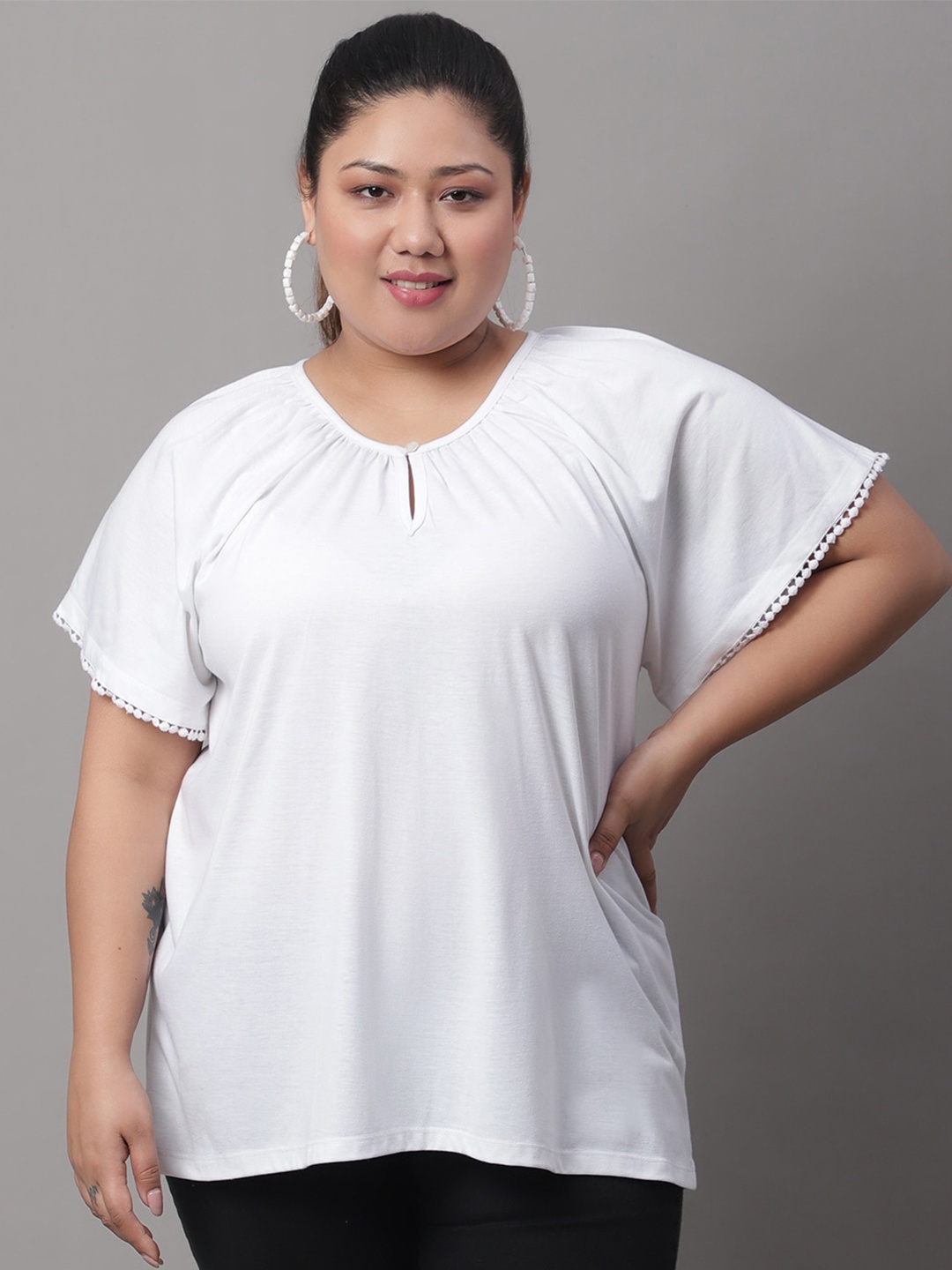 

Rute Plus Size Keyhole Neck Raglan Sleeves Cotton Top, White