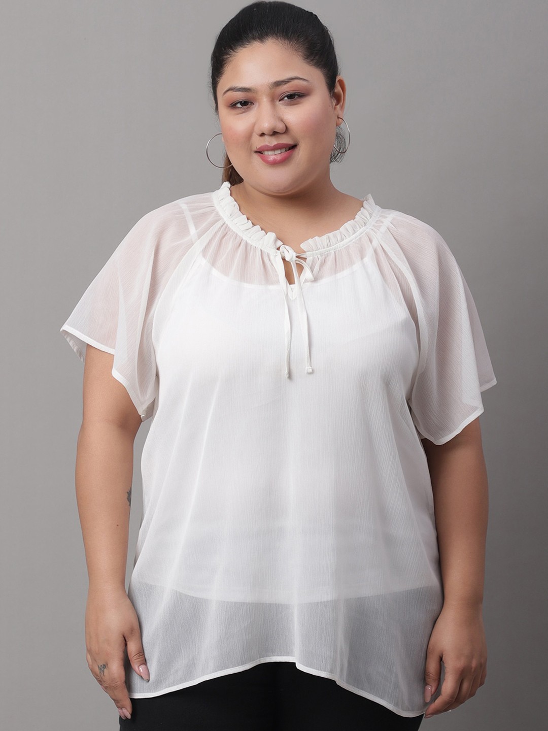 

Rute Plus Size Tie-Up Neck Raglan Sleeves Chiffon Top, White