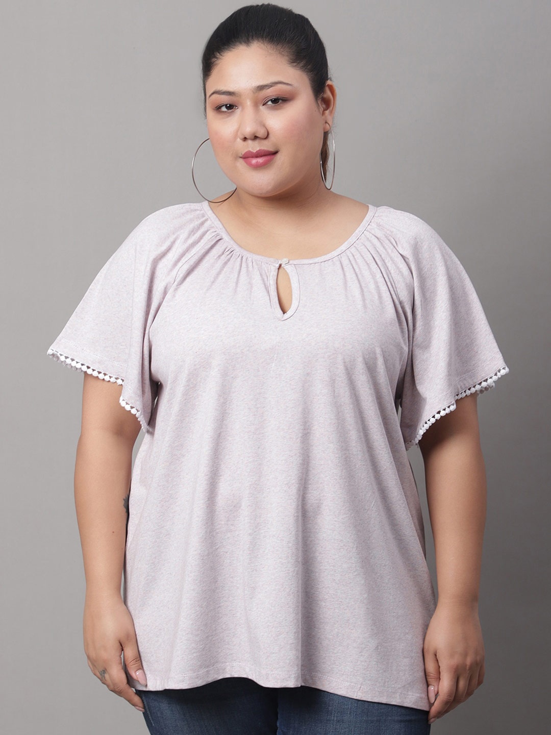 

Rute Keyhole Neck Flared Sleeves Cotton Top, Grey