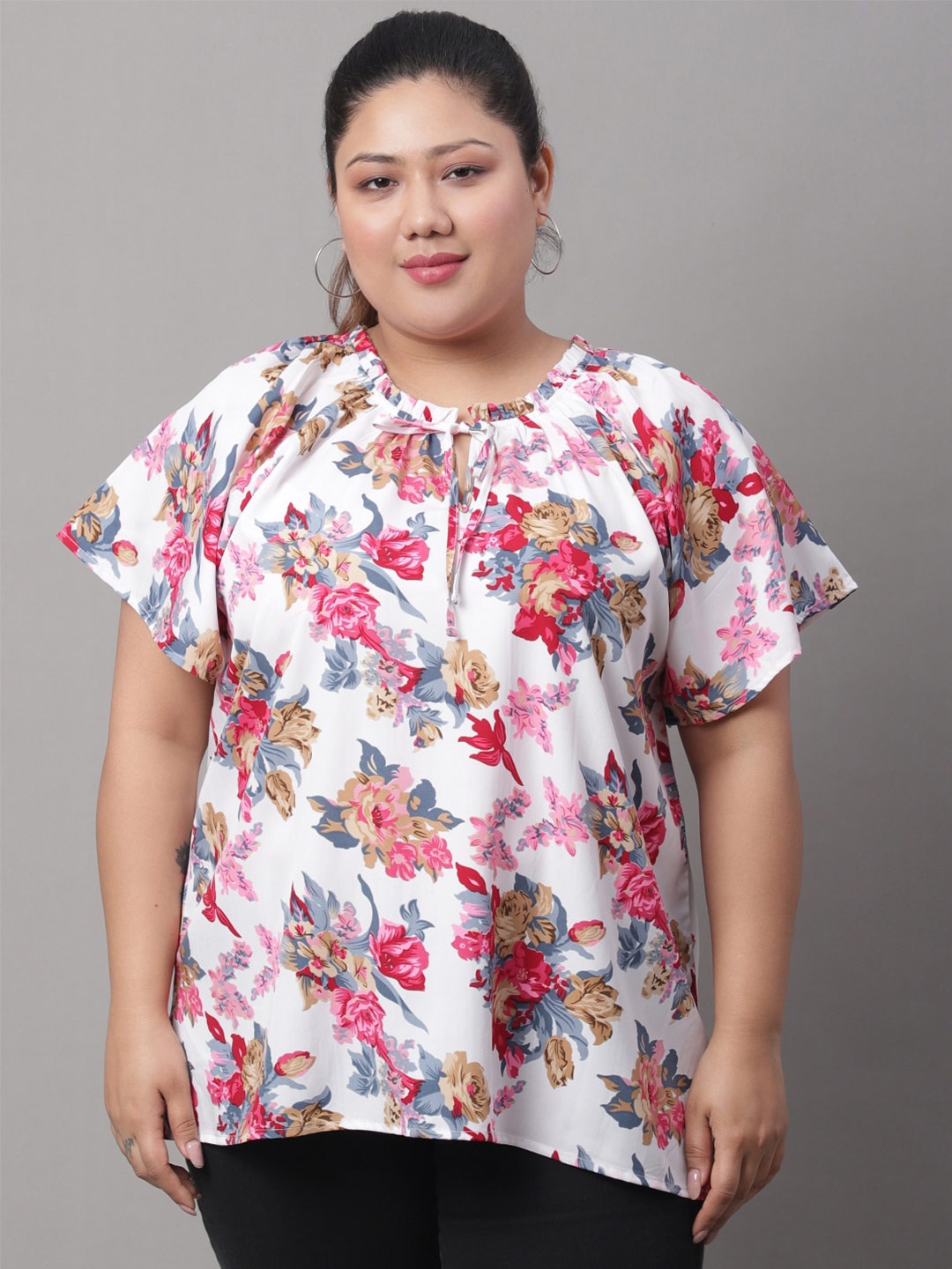 

Rute Plus Size Floral Printed Tie-Up Neck Top, White