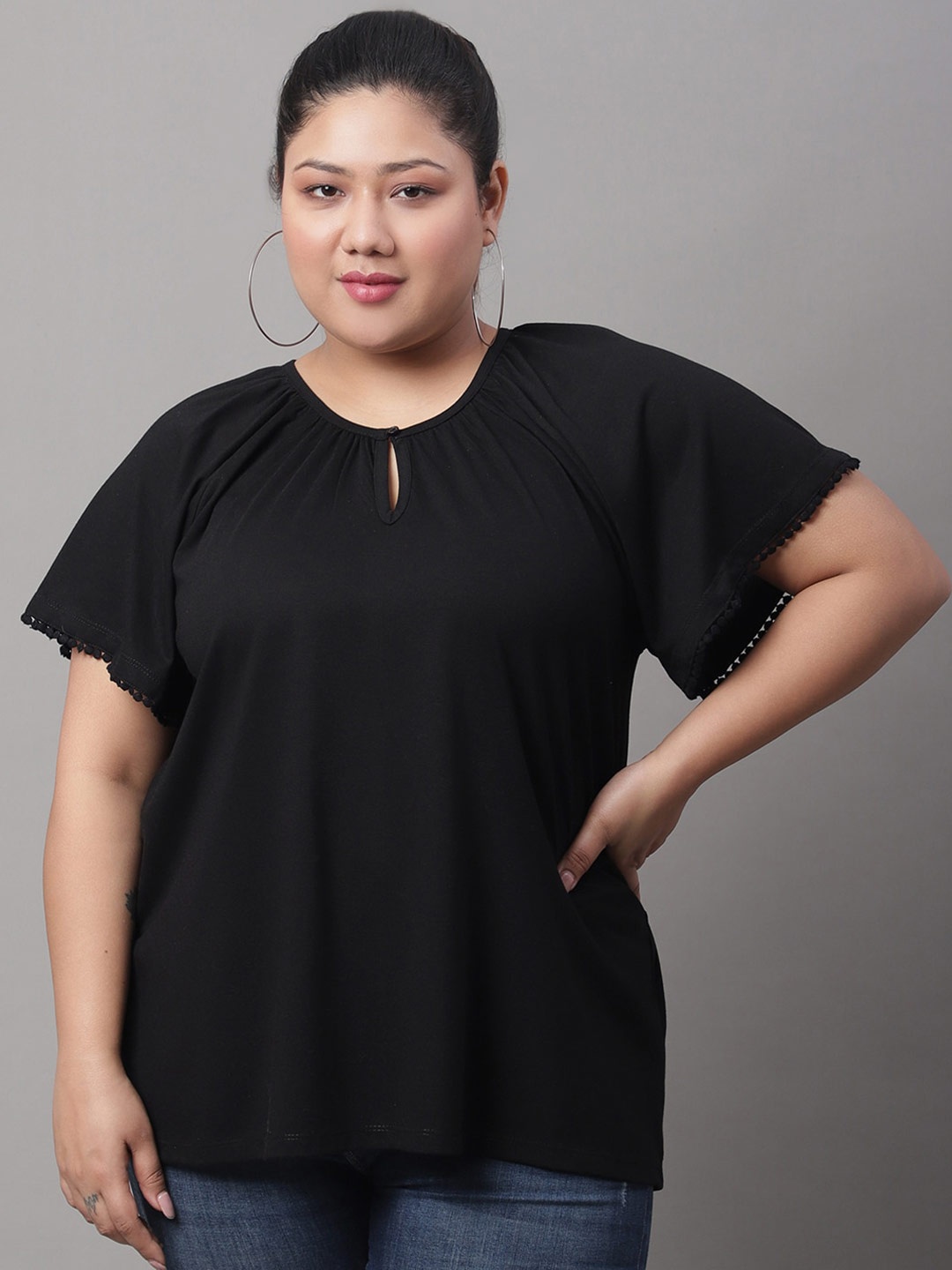 

Rute Plus Size Keyhole Neck Flutter Sleeve Cotton Top, Black