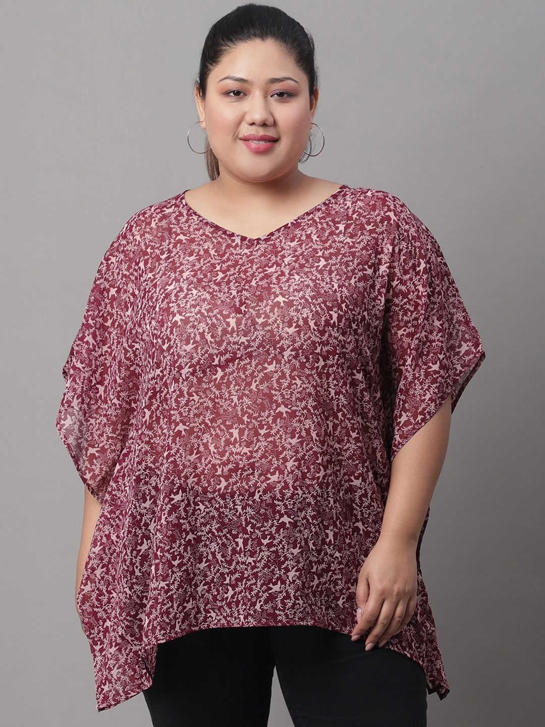 

Rute Plus Size Floral Print Kaftan Top, Maroon