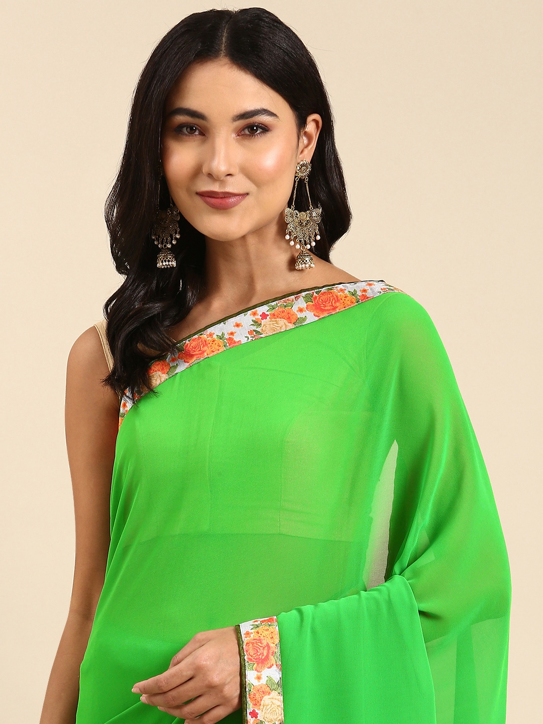 

Shaily Floral Patchwork Pure Georgette Saree, Green