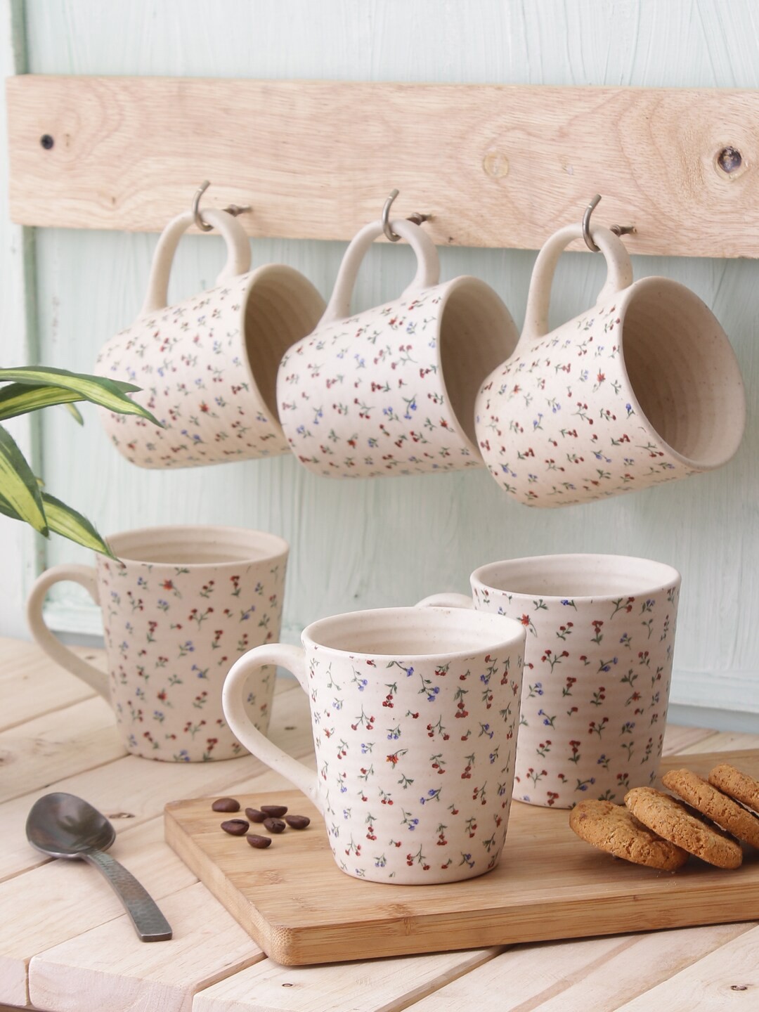 

MIAH Decor Off White & Red 6 Pieces Floral Printed Ceramic Glossy Mugs 320 ml Each