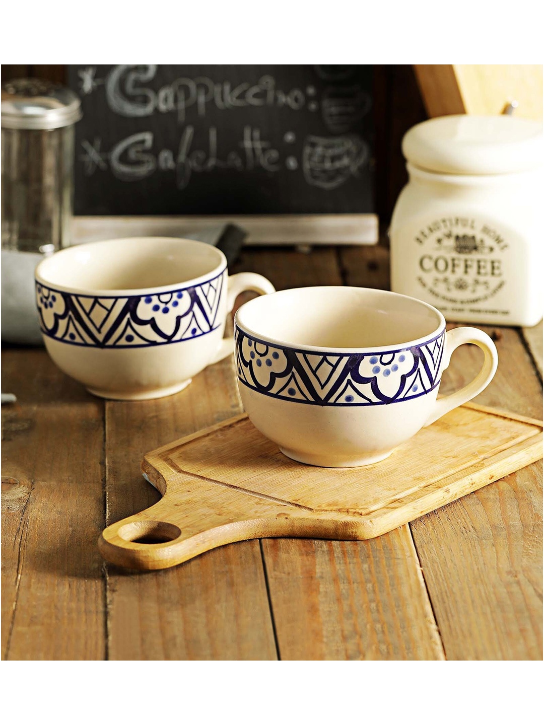 

MIAH Decor White & Blue Printed Ceramic Glossy Cups Set of Cups and Mugs
