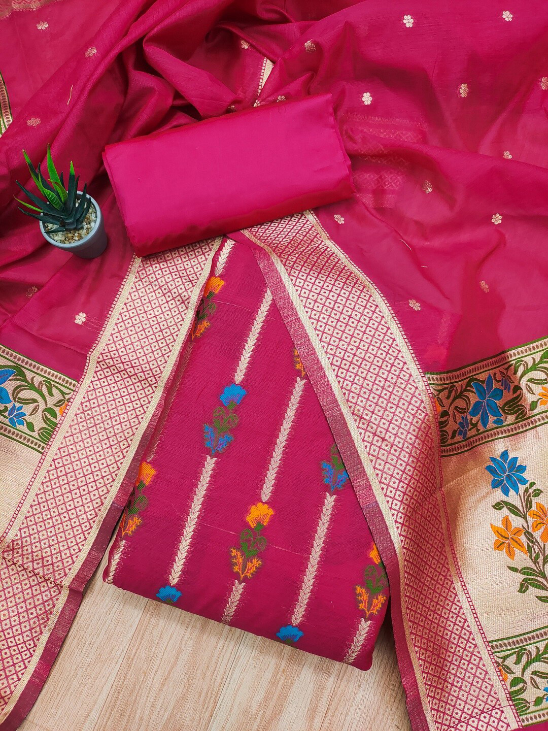 

KALINI Floral Woven Design Unstitched Dress Material, Pink