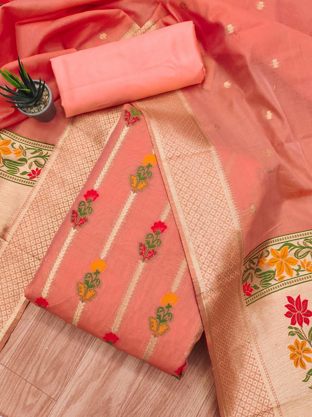 

KALINI Woven Design Unstitched Dress Material, Peach