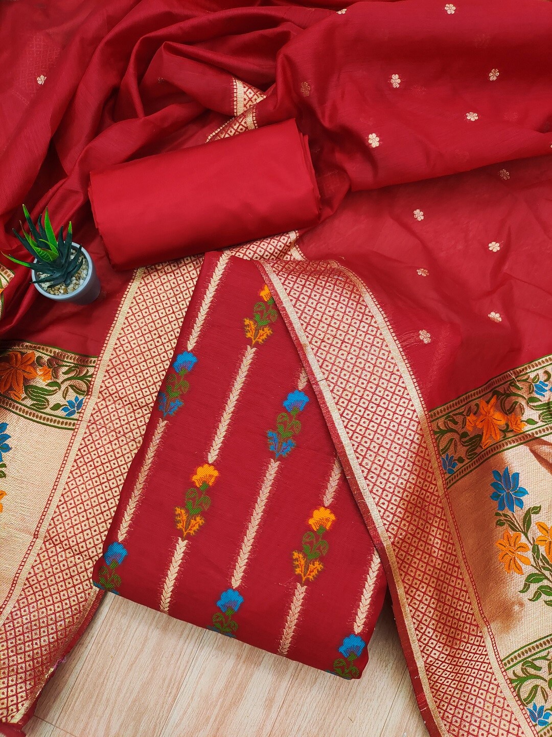 

KALINI Floral Woven Design Unstitched Dress Material, Red