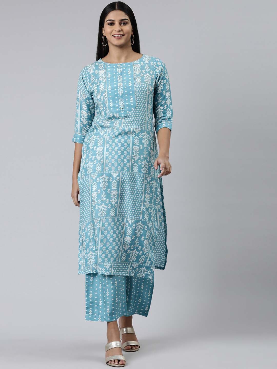 

Neerus Ethnic Motif Printed Gotta Patti Kurta with Palazzos, Blue