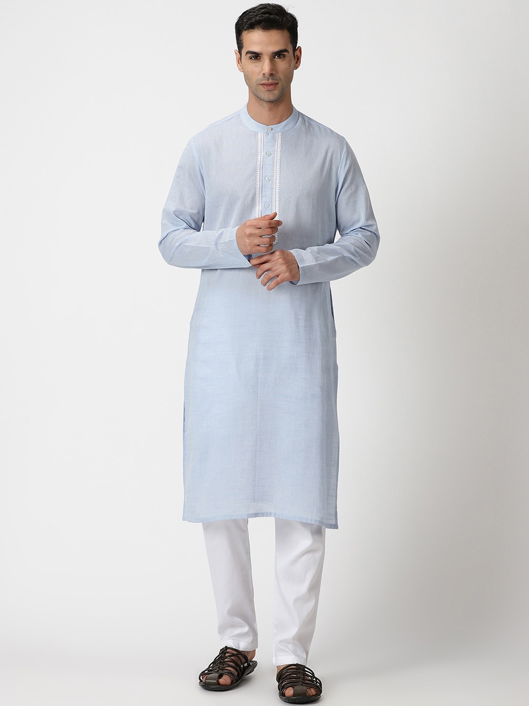 

Saffron Threads Band Collar Pure Cotton Kurta, Blue