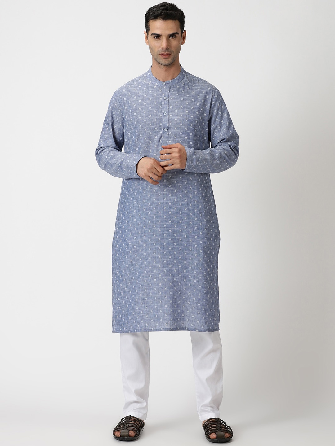 

Saffron Threads Abstract Woven Design Band Collar Pure Cotton Kurta, Blue