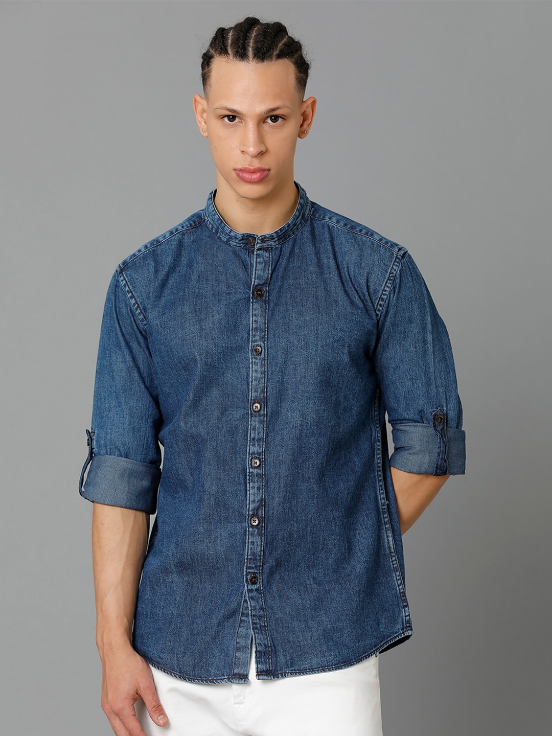 

YOVISH Comfort Mandarin Collar Faded Denim Casual Shirt, Blue