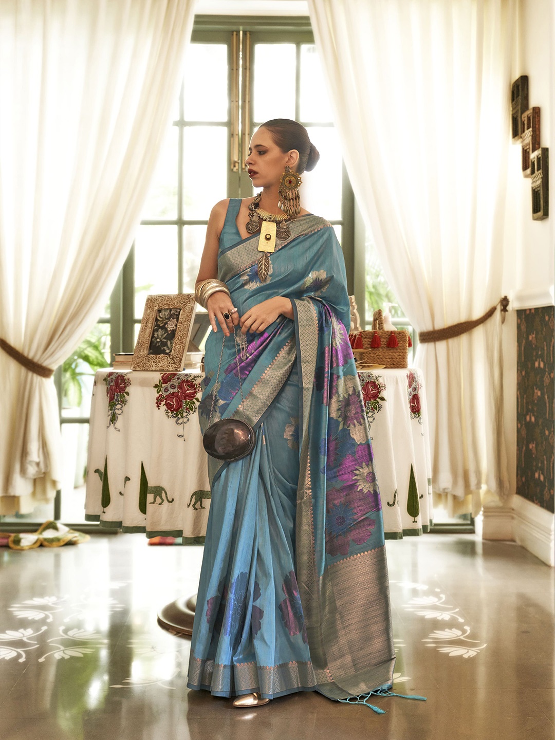 

elora Floral Woven Design Zari Pure Silk Bhagalpuri Saree, Blue