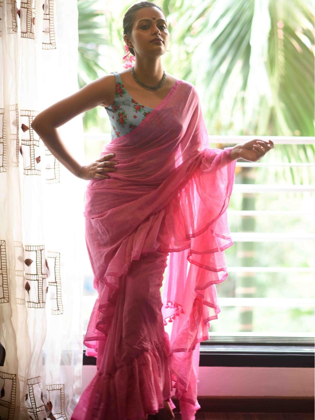 

Pure Cotton Ruffled Saree with Fall & Tassles, Pink