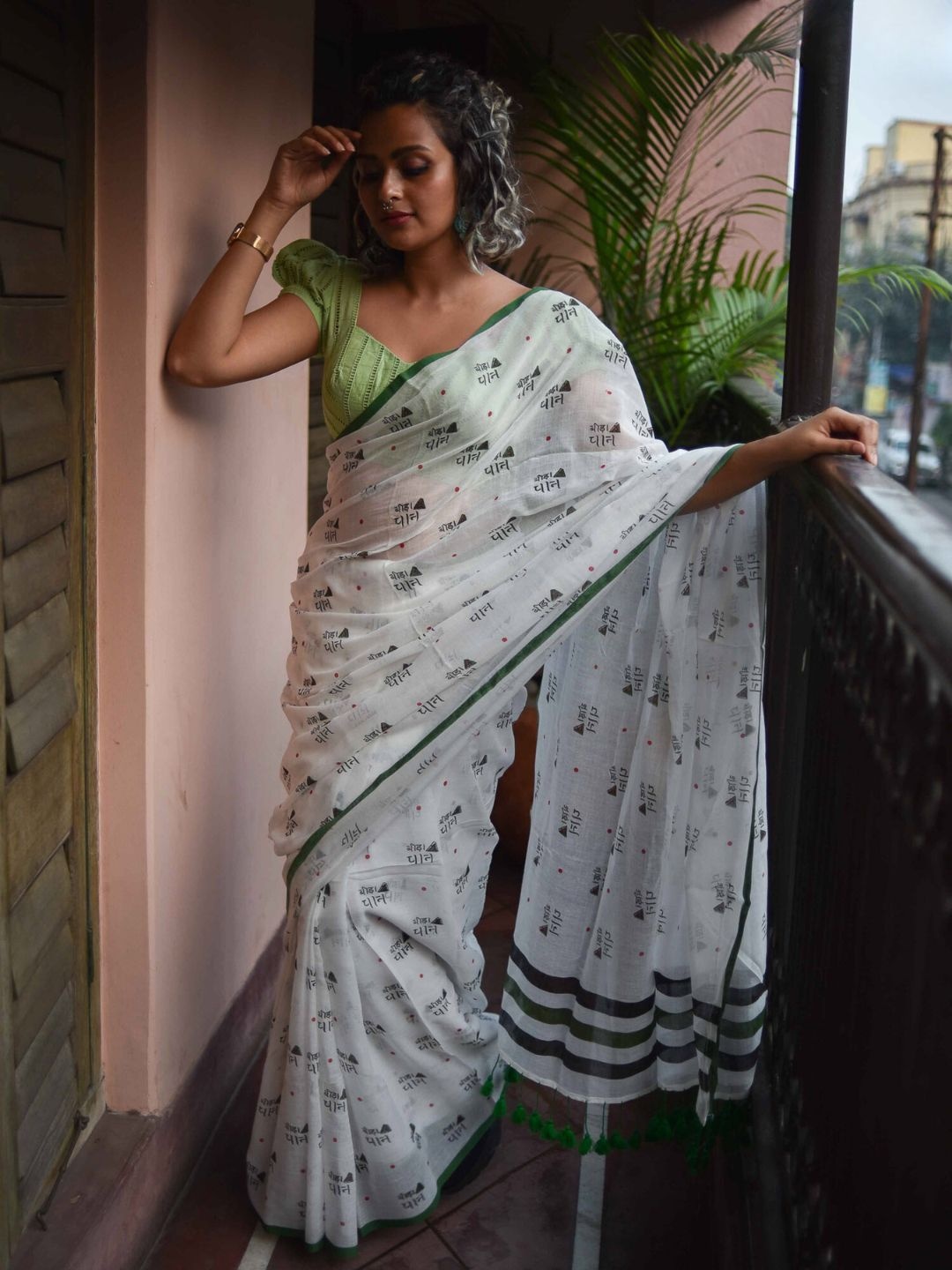 

Printed Saree with Fall & Tassles, White