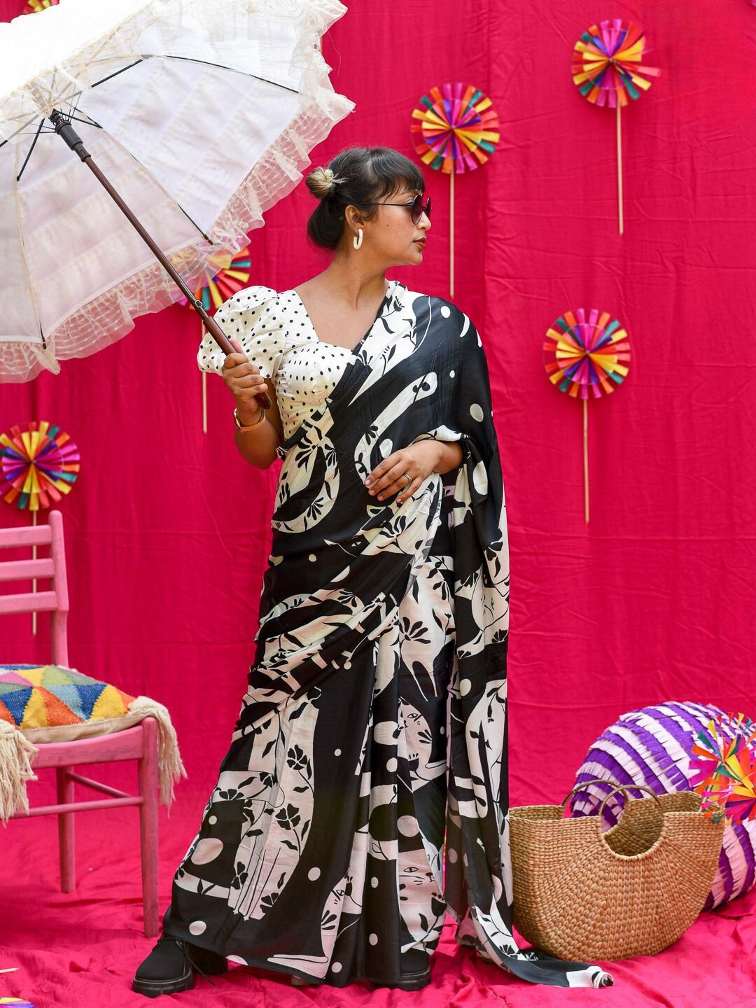 

Abstract Printed Pure Cotton Saree with Fall, Black