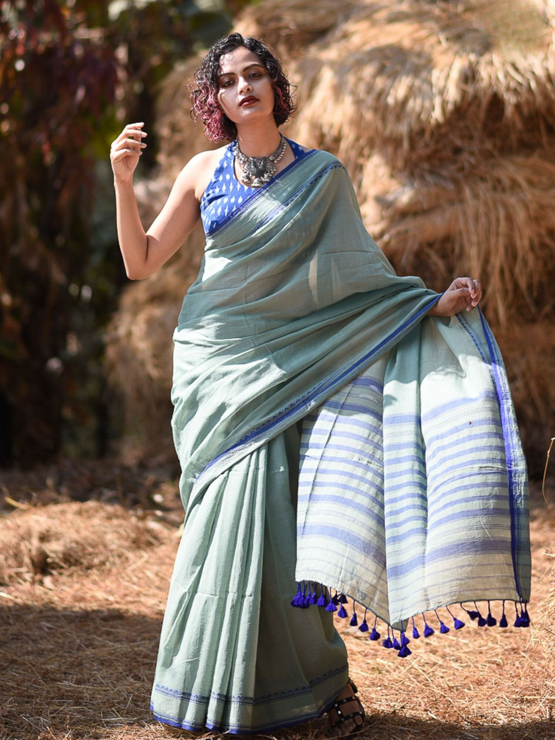 

Woven Design Bordered Pure Cotton Saree with Fall, Green