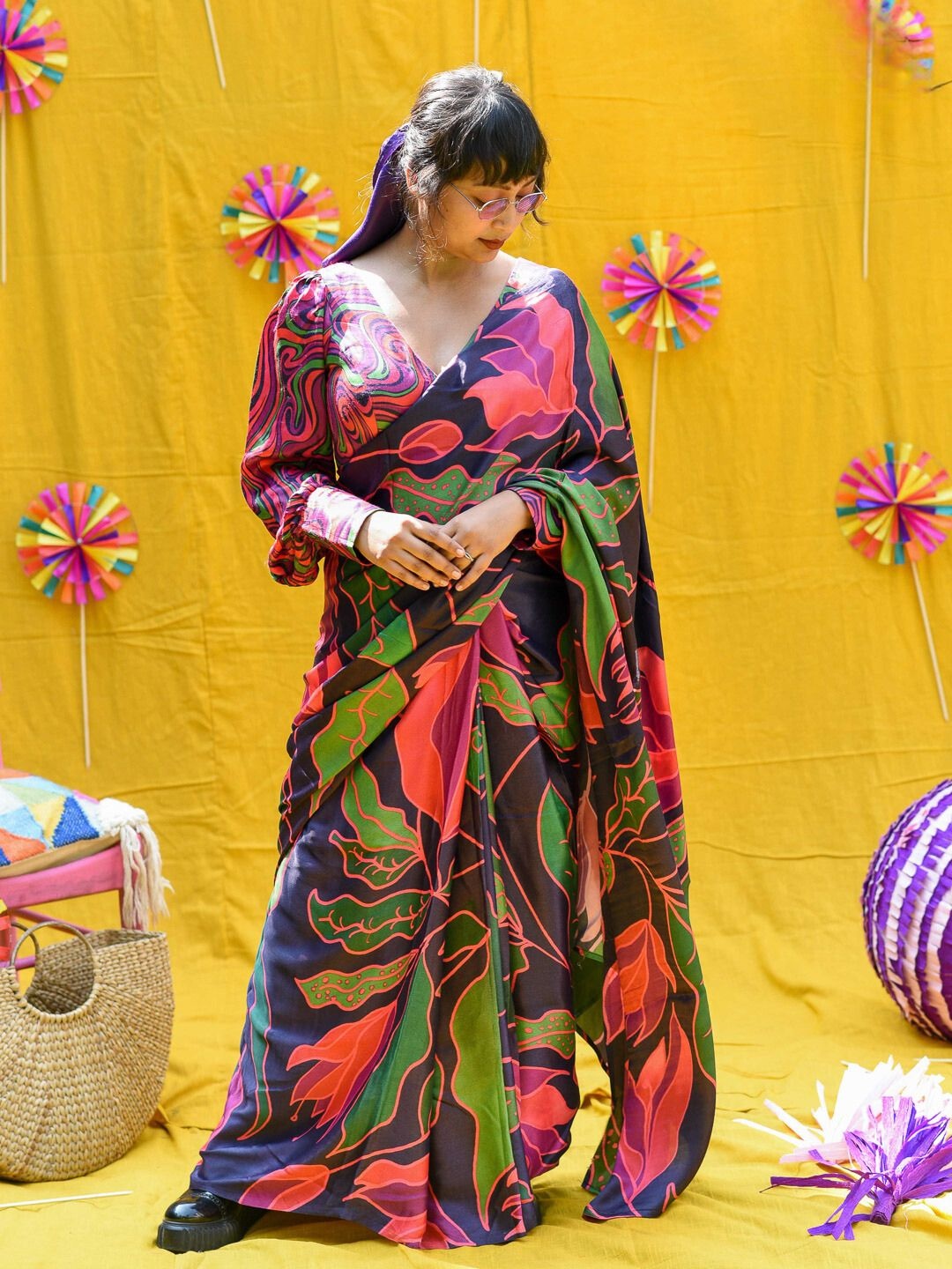 

Floral Printed Pure Cotton Saree with Fall, Black