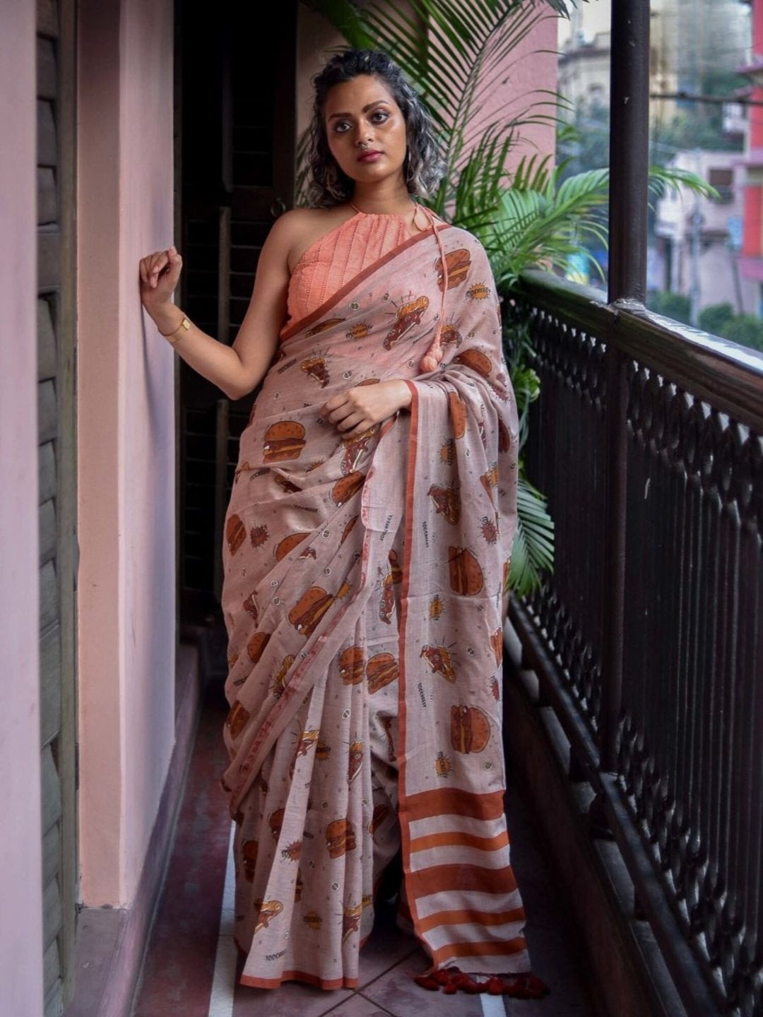 

Abstract Printed Saree with Fall, Brown