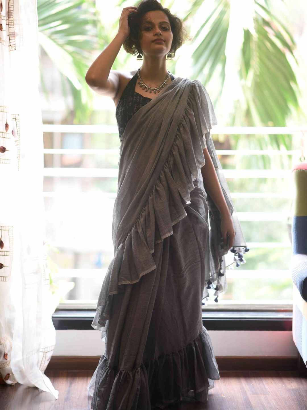 

Pure Cotton Ruffled Saree with Fall & Tassles, Grey
