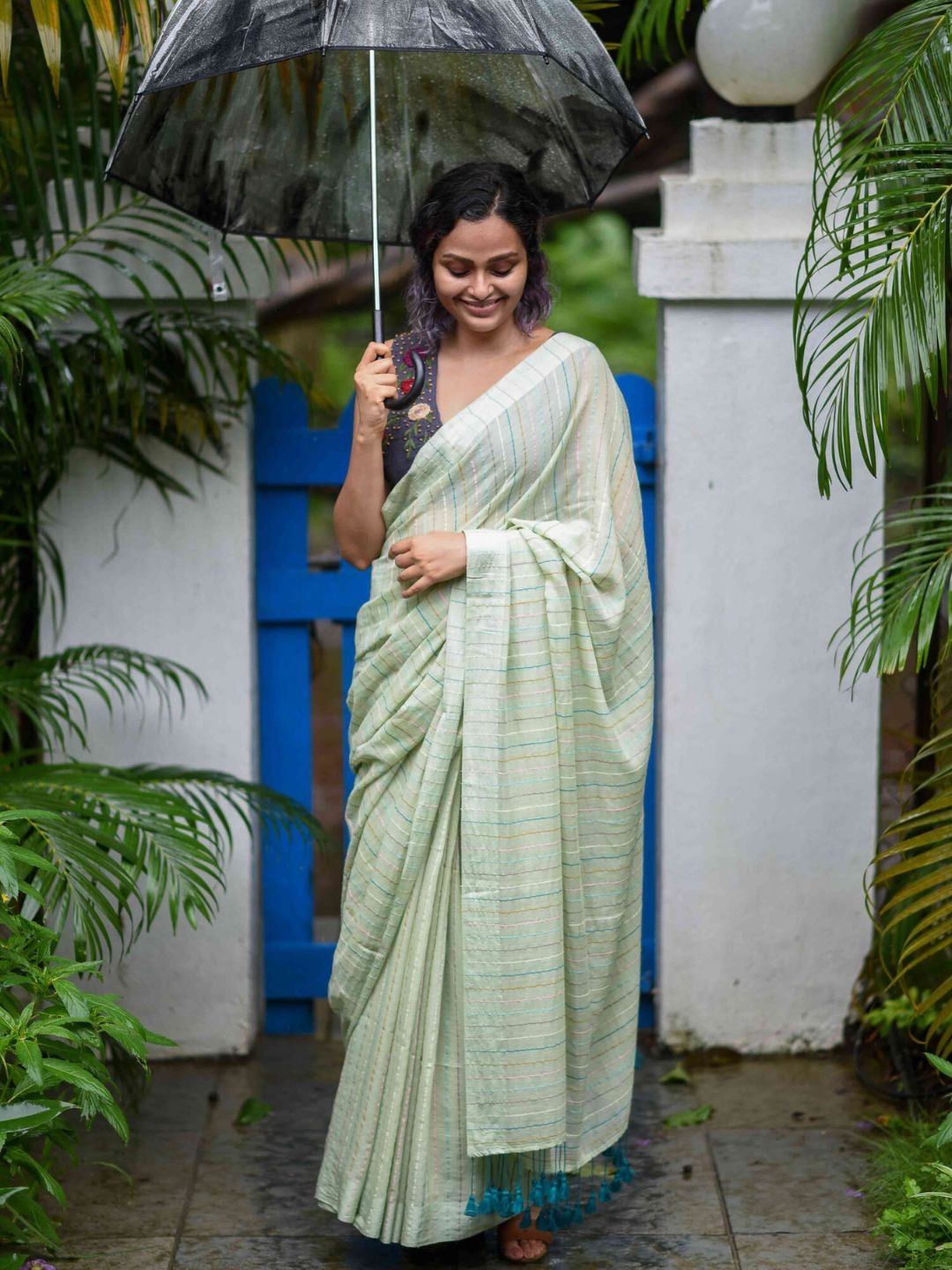 

Striped Embroidered Pure Cotton Saree with Fall, Green