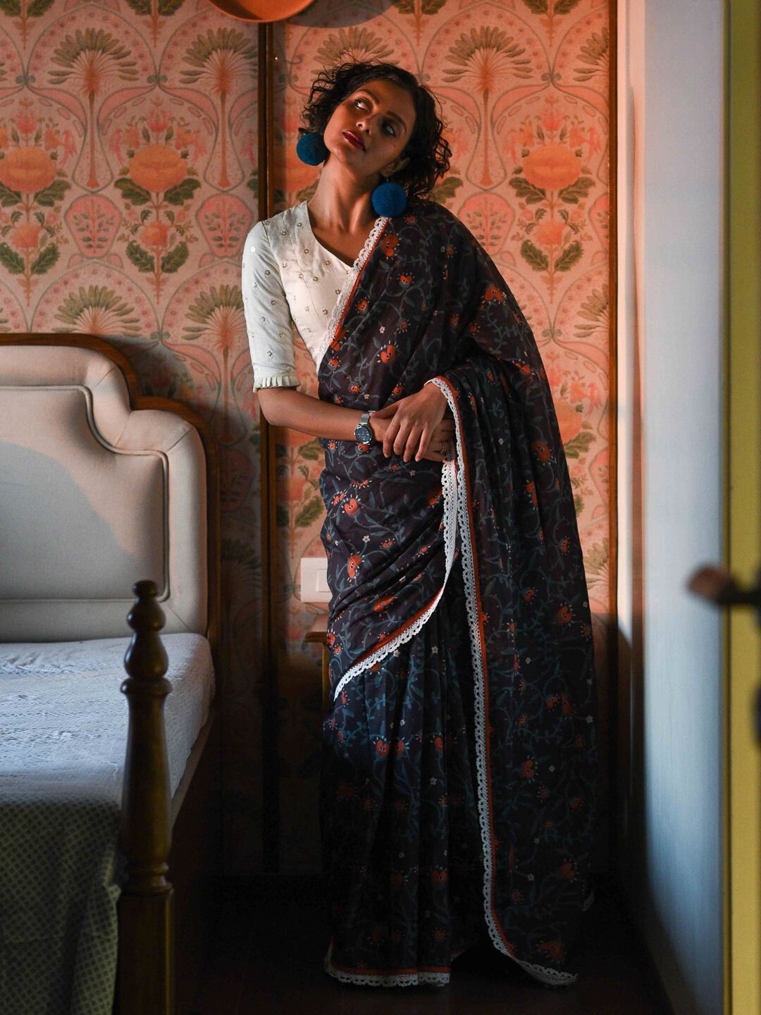 

Floral Printed Embellished Bordered Pure Cotton Saree with Fall, Black