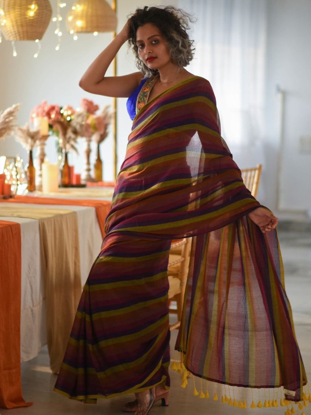 

Striped Pure Cotton Saree with Fall, Red