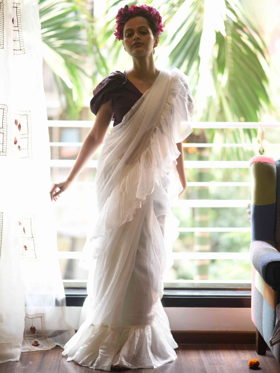 

Ruffled Pure Cotton Saree with Fall, White